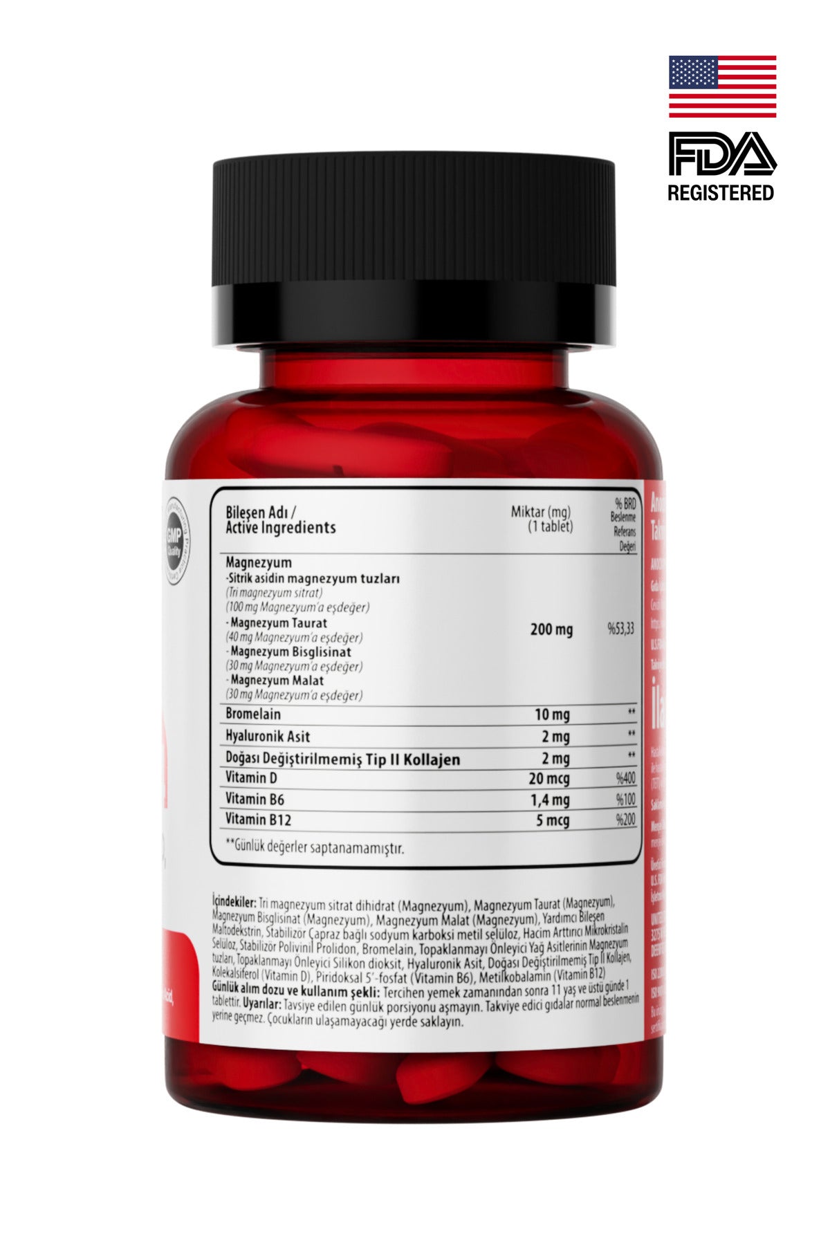 أناوسين مغنيسيوم X4 كومبلكس: سيترات، تورات، بيسجليسينات، مالات، بروميلين، كولاجين، حمض الهيالورونيك، فيتامين D و B12 و B6