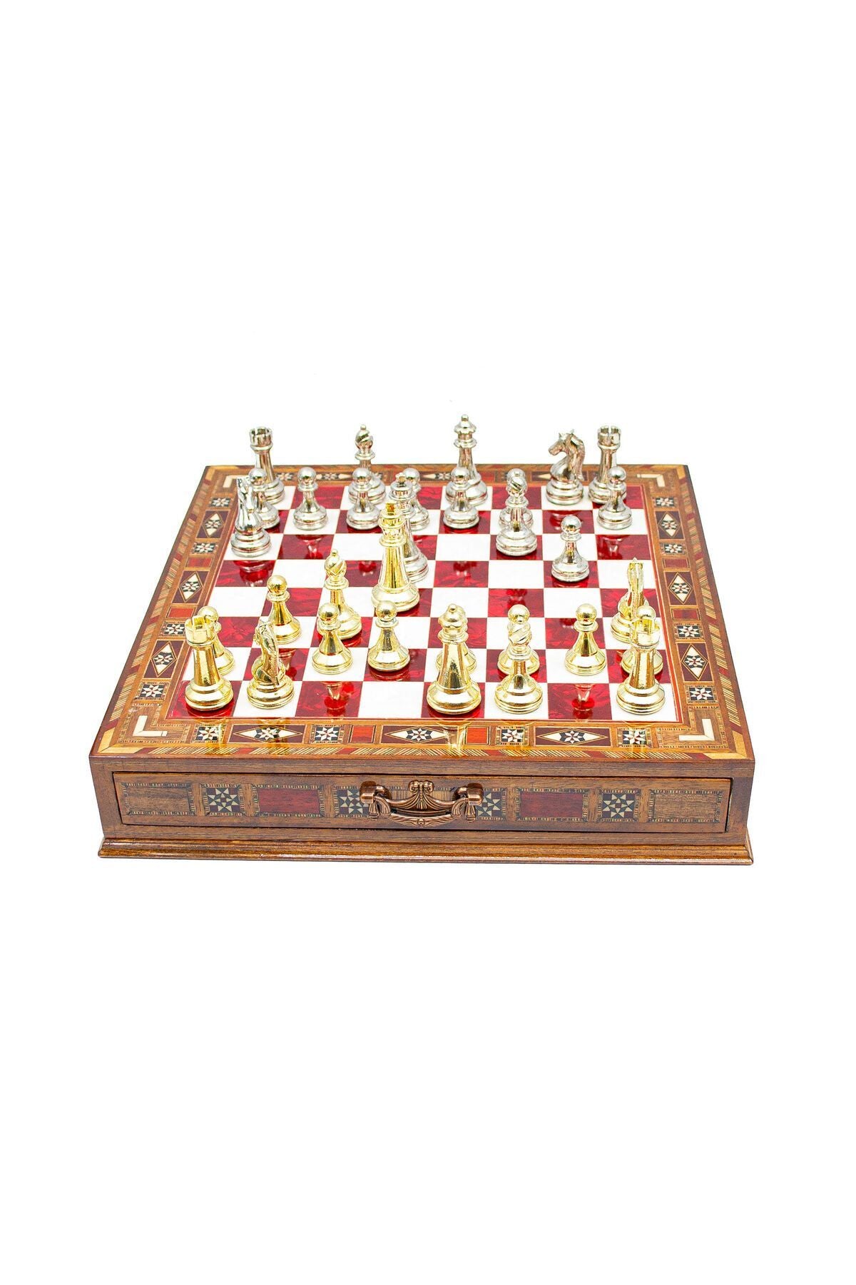 طقم شطرنج فاخر من GGS GrandGiftStore، قطع معدنية رومانية مع درج