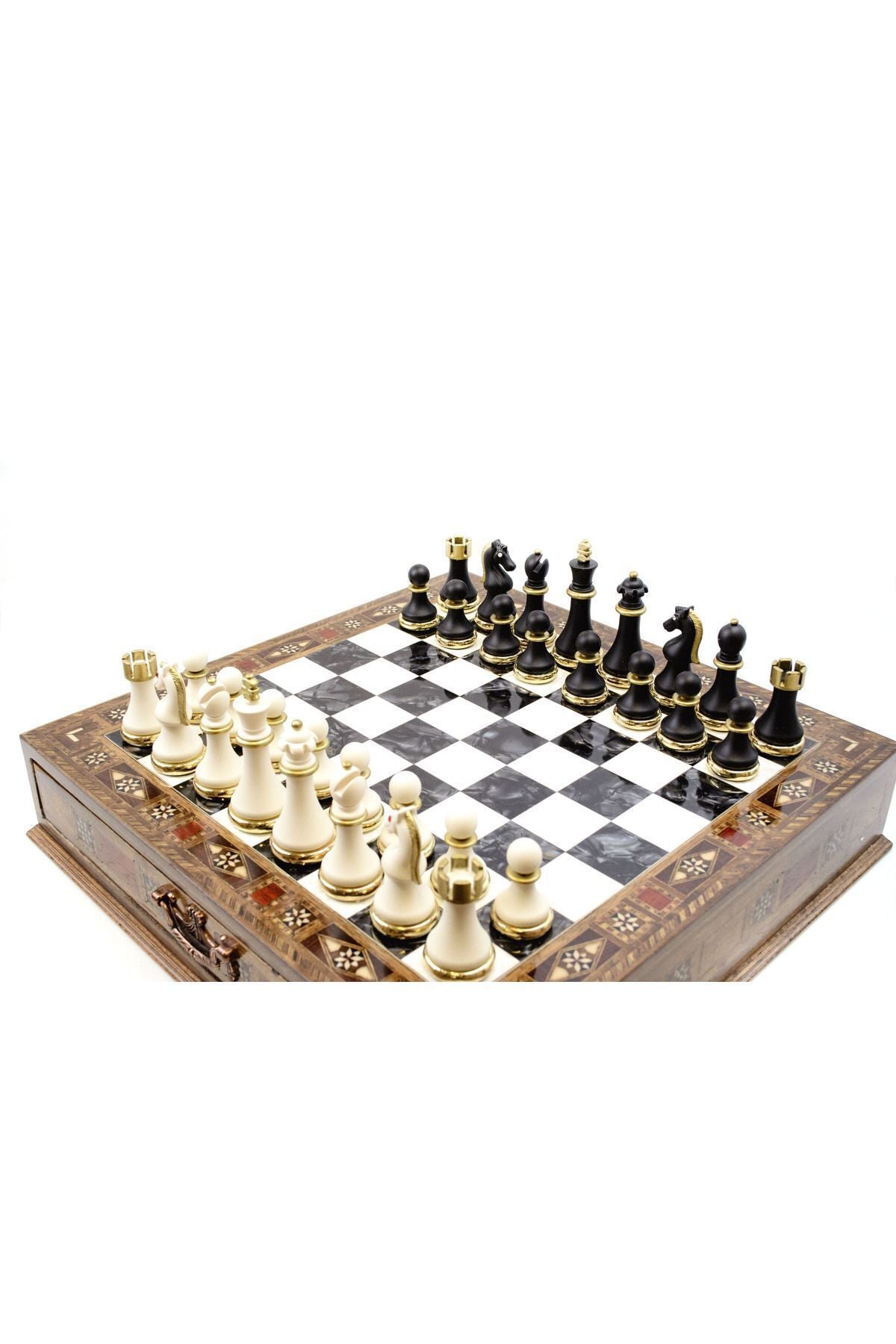 GGS GrandGiftStore طقم شطرنج فاخر أسود وأبيض مع أدراج وقطع كلاسيكية