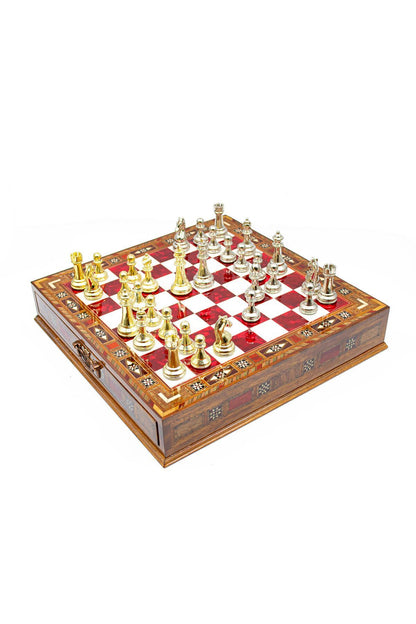 طقم شطرنج فاخر من GGS GrandGiftStore، قطع معدنية رومانية مع درج