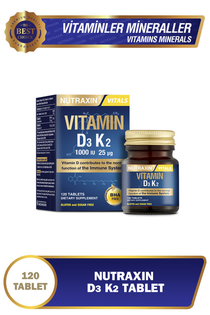 Nutraxin D3K2 120 قرص: دعم فائق للعظام والمناعة بـ D3 و K2 الفعال