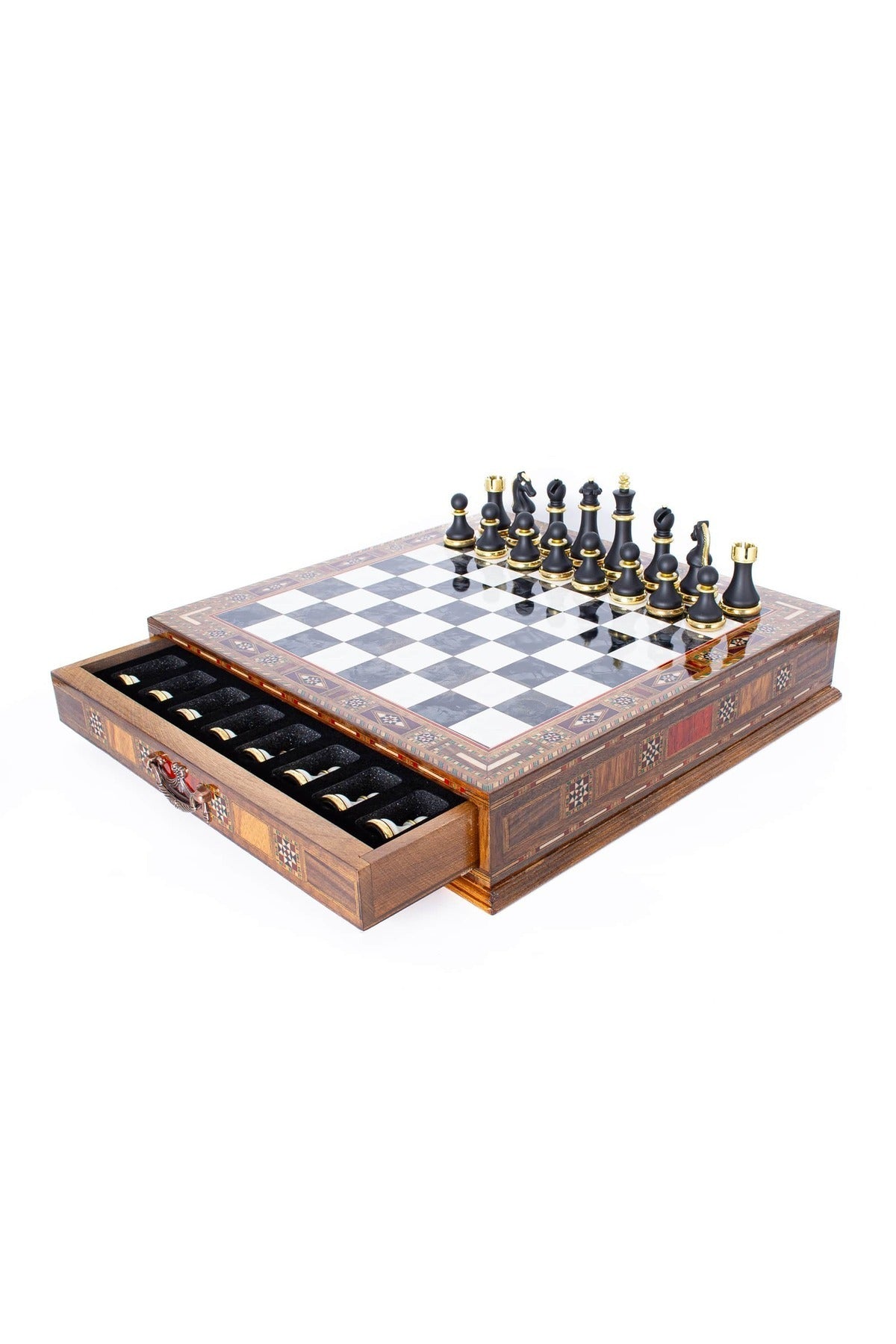 GGS GrandGiftStore طقم شطرنج فاخر أسود وأبيض مع أدراج وقطع كلاسيكية