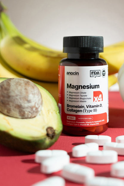 أناوسين مغنيسيوم X4 كومبلكس: سيترات، تورات، بيسجليسينات، مالات، بروميلين، كولاجين، حمض الهيالورونيك، فيتامين D و B12 و B6