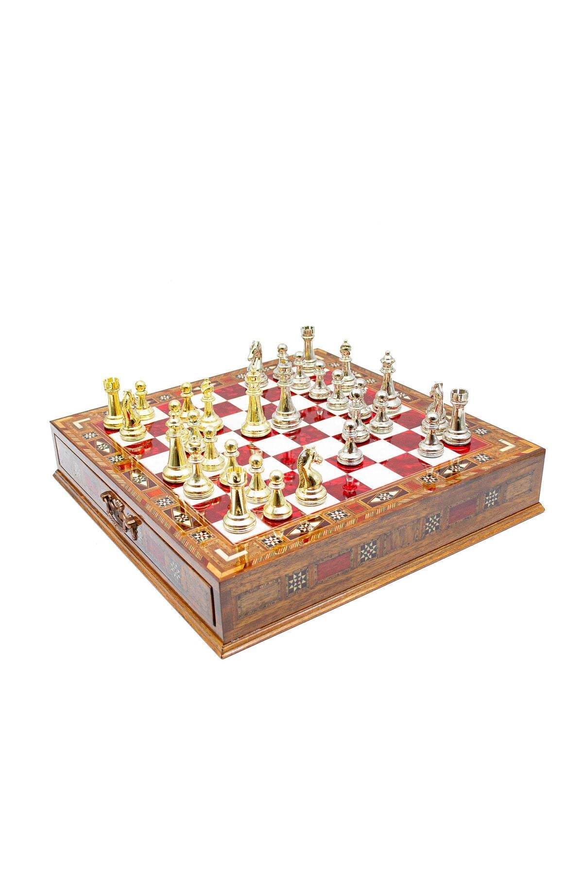 طقم شطرنج فاخر من GGS GrandGiftStore، قطع معدنية رومانية مع درج