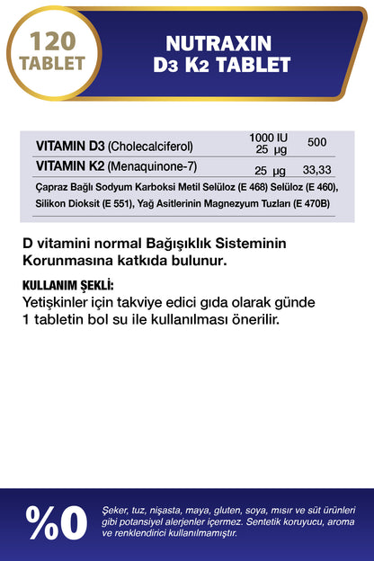 Nutraxin D3K2 120 قرص: دعم فائق للعظام والمناعة بـ D3 و K2 الفعال