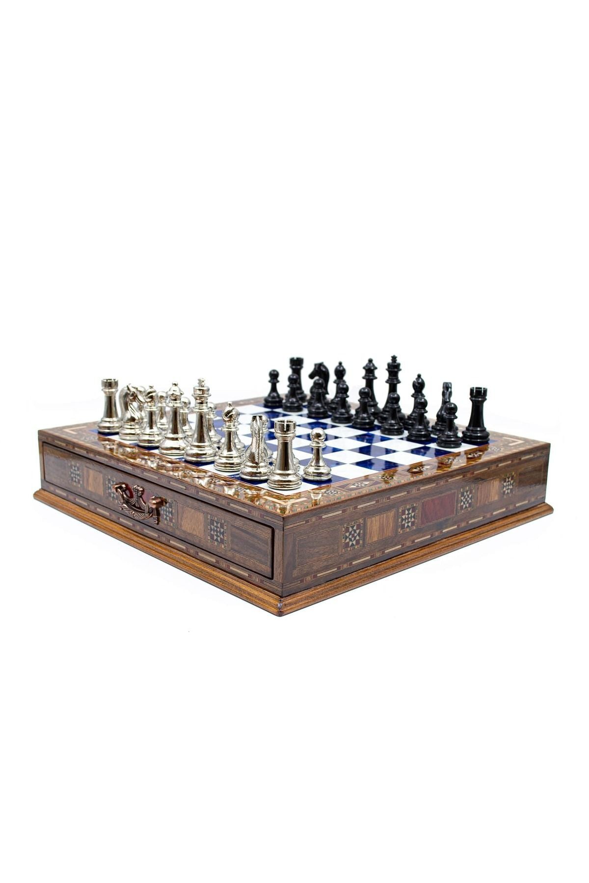 GGS GrandGiftStore مجموعة شطرنج موزايك يدوية مع قطع معدنية ودرج
