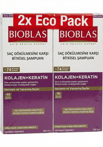 Bioblas Collagen & Keratin Volumizing Shampoo (2x360ml) Twin Pack | شامبو بيوبلاس بالكولاجين والكيراتين لتقوية الشعر - عرض عبوتين