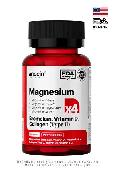 أناوسين مغنيسيوم X4 كومبلكس: سيترات، تورات، بيسجليسينات، مالات، بروميلين، كولاجين، حمض الهيالورونيك، فيتامين D و B12 و B6
