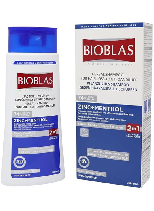 Bioblas Anti-Dandruff & Anti-Hair Loss Shampoo with Zinc & Menthol 360ml - شامبو بيوبلاس مضاد للقشرة وتساقط الشعر بالزنك والمنتول 360 مل