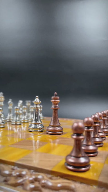 Personalized Handmade Wooden Chess Set with Storage Drawers & Metal Pieces | طقم شطرنج خشبي فاخر مصنوع يدويًا مع أدراج تخزين وقطع معدنية - قابل للتخصيص بالاسم